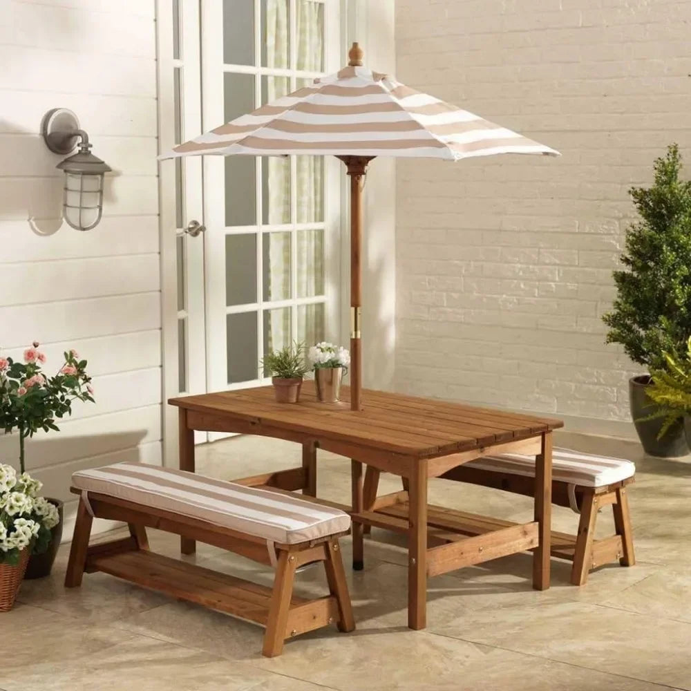 Outdoor Bench with Cushion and Umbrella