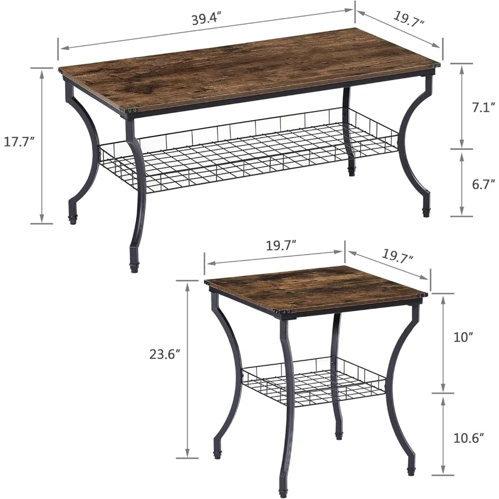 Industrial Brown Coffee End Tables with Open Storage Shelves