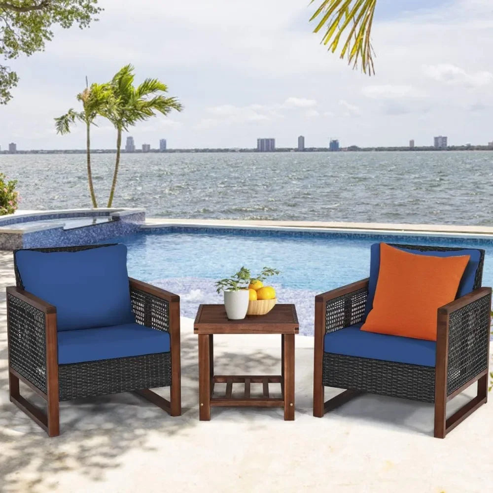 Rattan Outdoor Sofa Set W/Washable Cushion & Acacia Wood Coffee Table