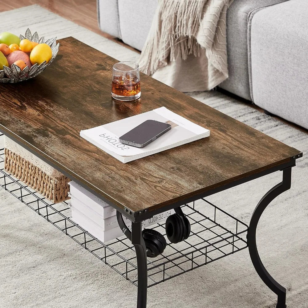Industrial Brown Coffee End Tables with Open Storage Shelves