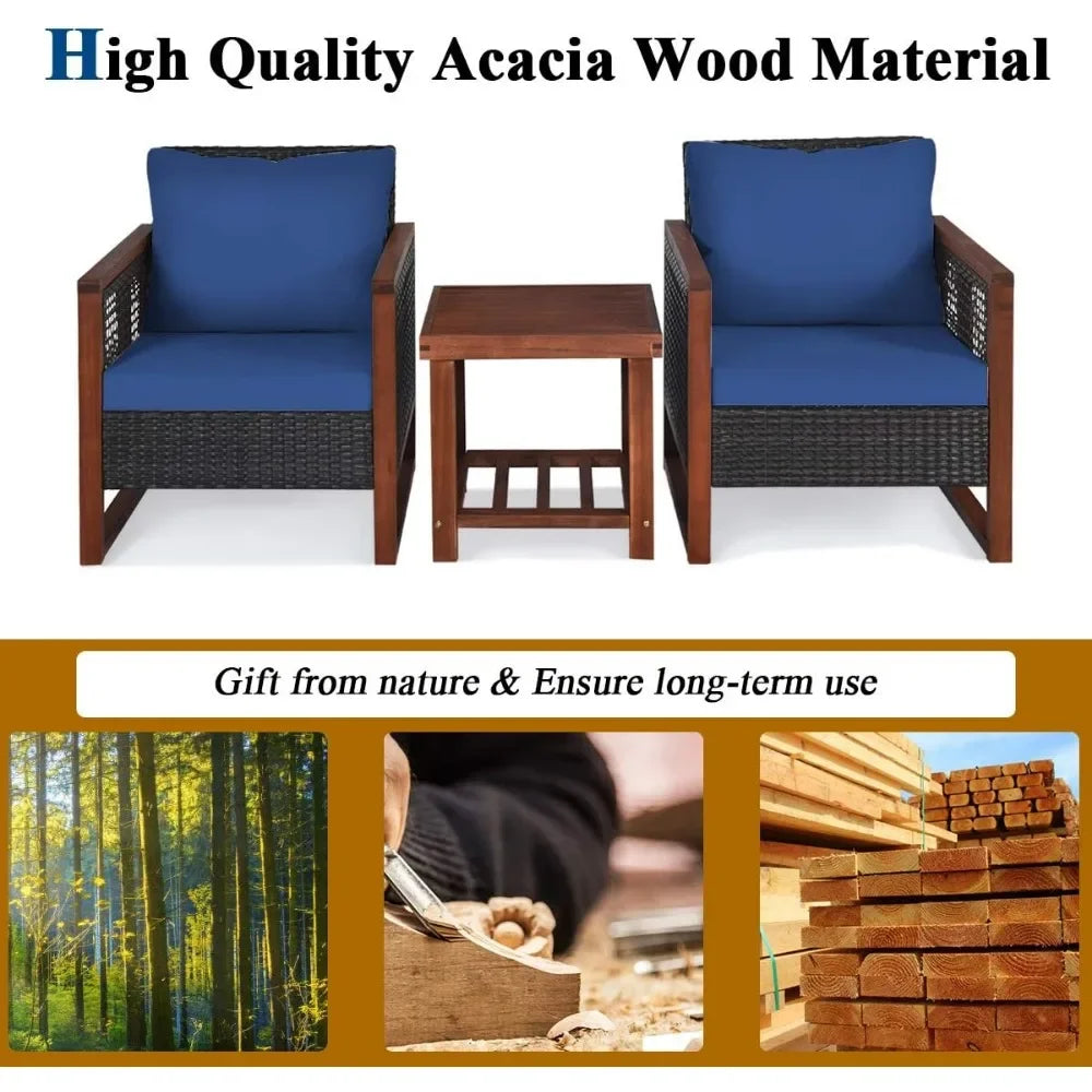 Rattan Outdoor Sofa Set W/Washable Cushion & Acacia Wood Coffee Table