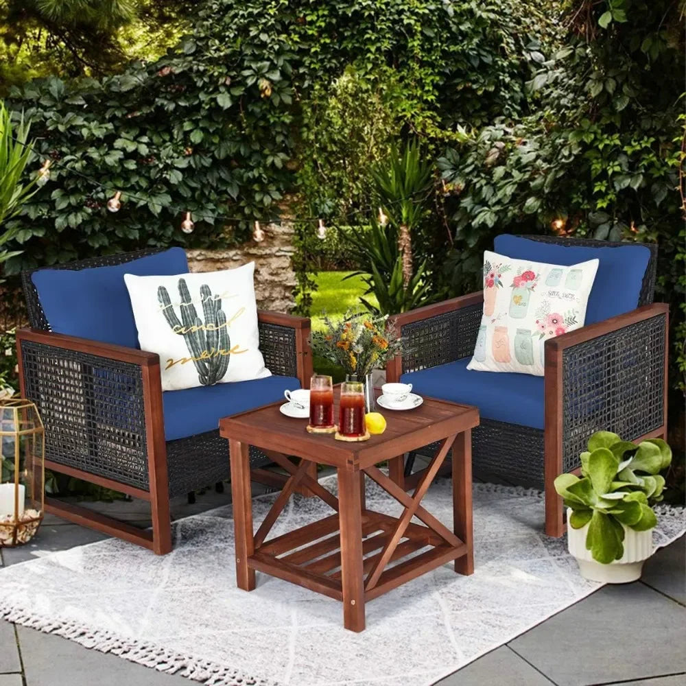 Rattan Outdoor Sofa Set W/Washable Cushion & Acacia Wood Coffee Table