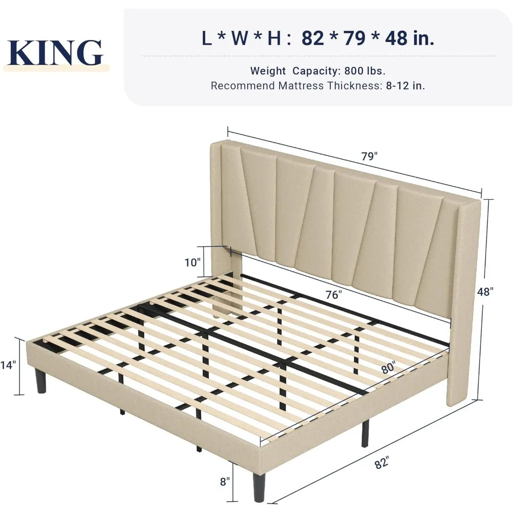 King Size Bed Frame with Geometric Wingback Headboard