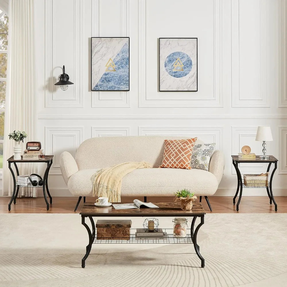 Industrial Brown Coffee End Tables with Open Storage Shelves
