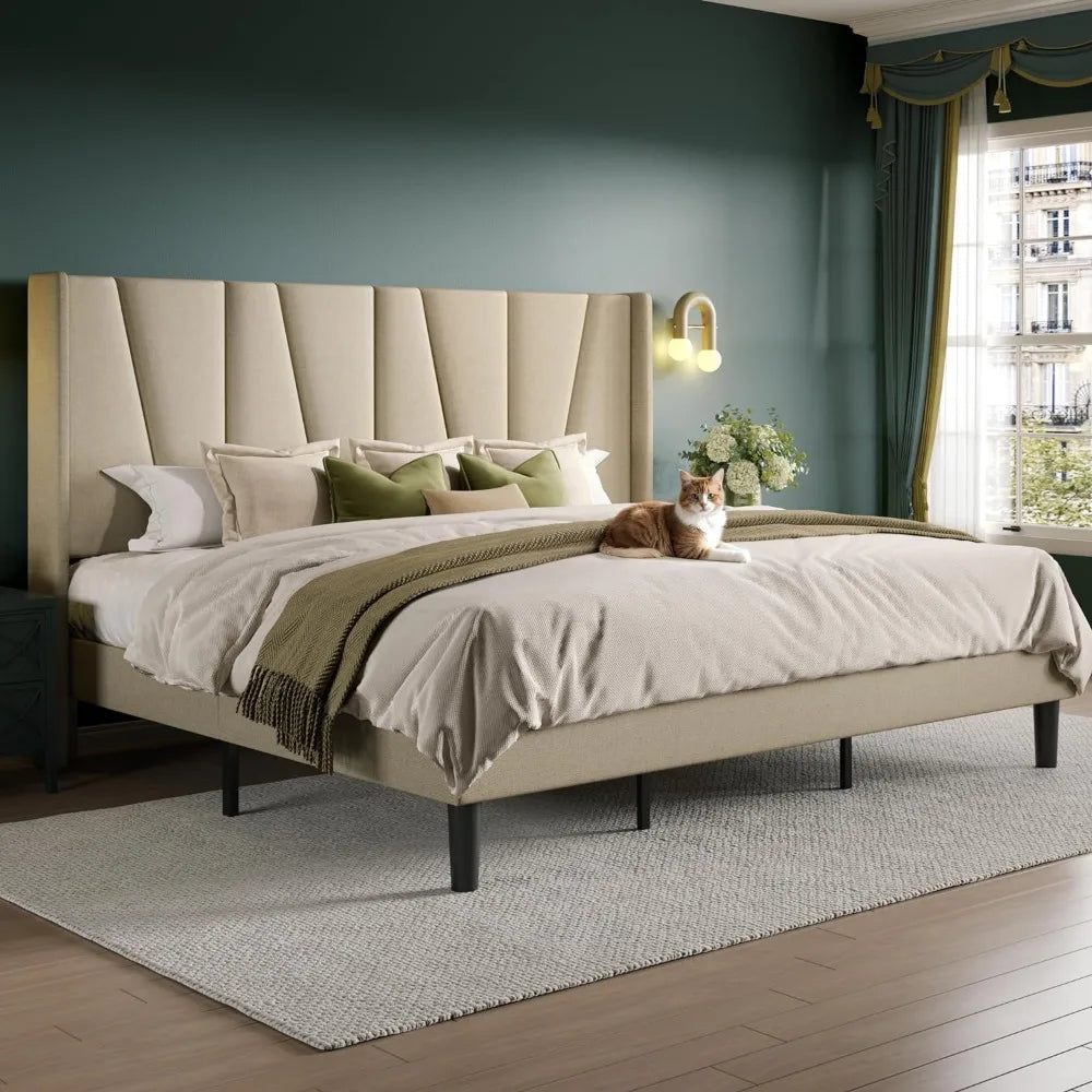 King Size Bed Frame with Geometric Wingback Headboard