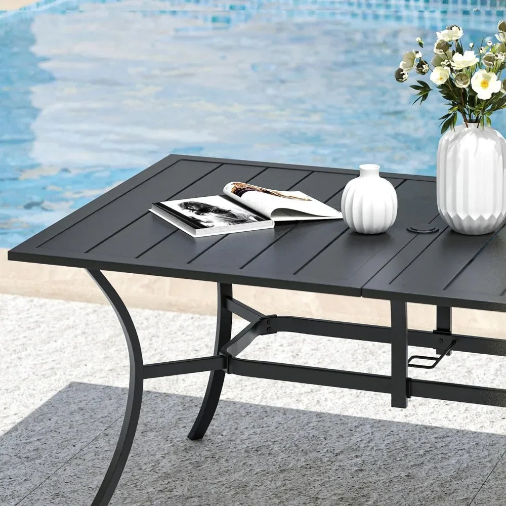 Outdoor Metal Steel Slat Table with Umbrella Hole for Patio