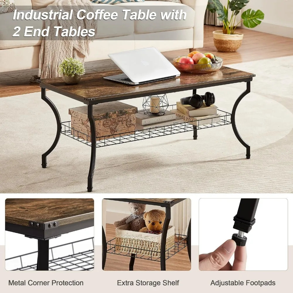 Industrial Brown Coffee End Tables with Open Storage Shelves